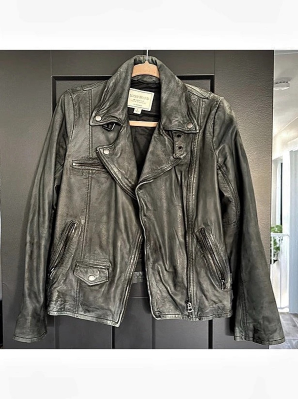 Lucky Brand Classic Leather Moto Jacket Green Small